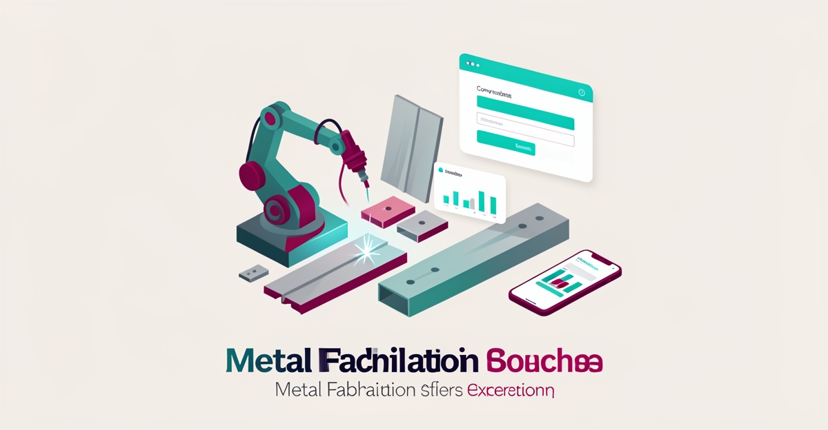 Flat illustration of a metal fabrication workshop with website conversion elements in teal and magenta, headlined Built to Convert.