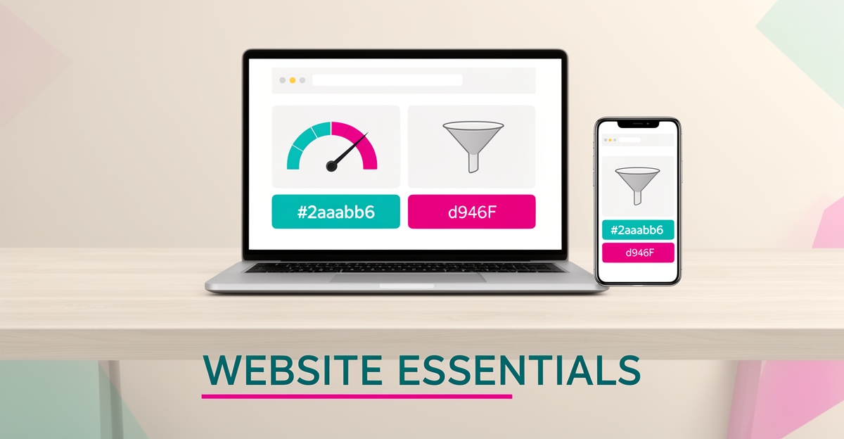Flat illustration of a laptop and smartphone displaying website layouts with CTA buttons and a lead capture funnel, accented in teal and magenta.