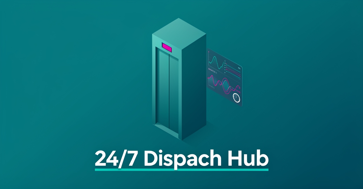 Flat illustration of an elevator shaft with a digital dashboard showing 24/7 monitoring, accented in teal and magenta with a dispatch hub headline.