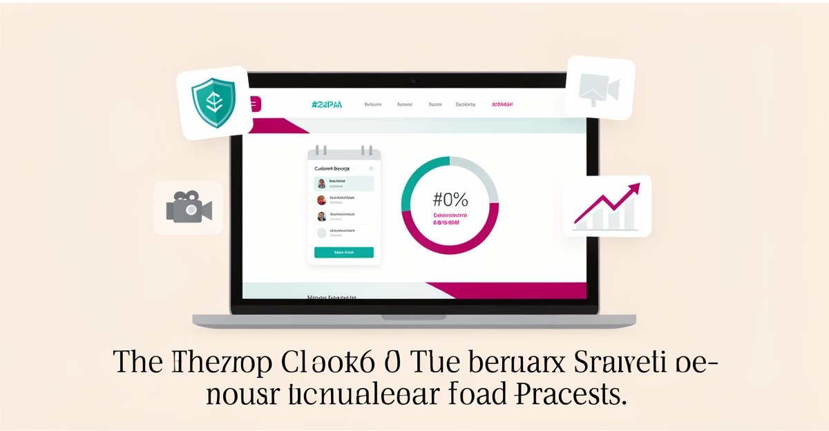 Flat illustration of a therapy website with booking calendar, security shield, and growth graph in teal and magenta accents.
