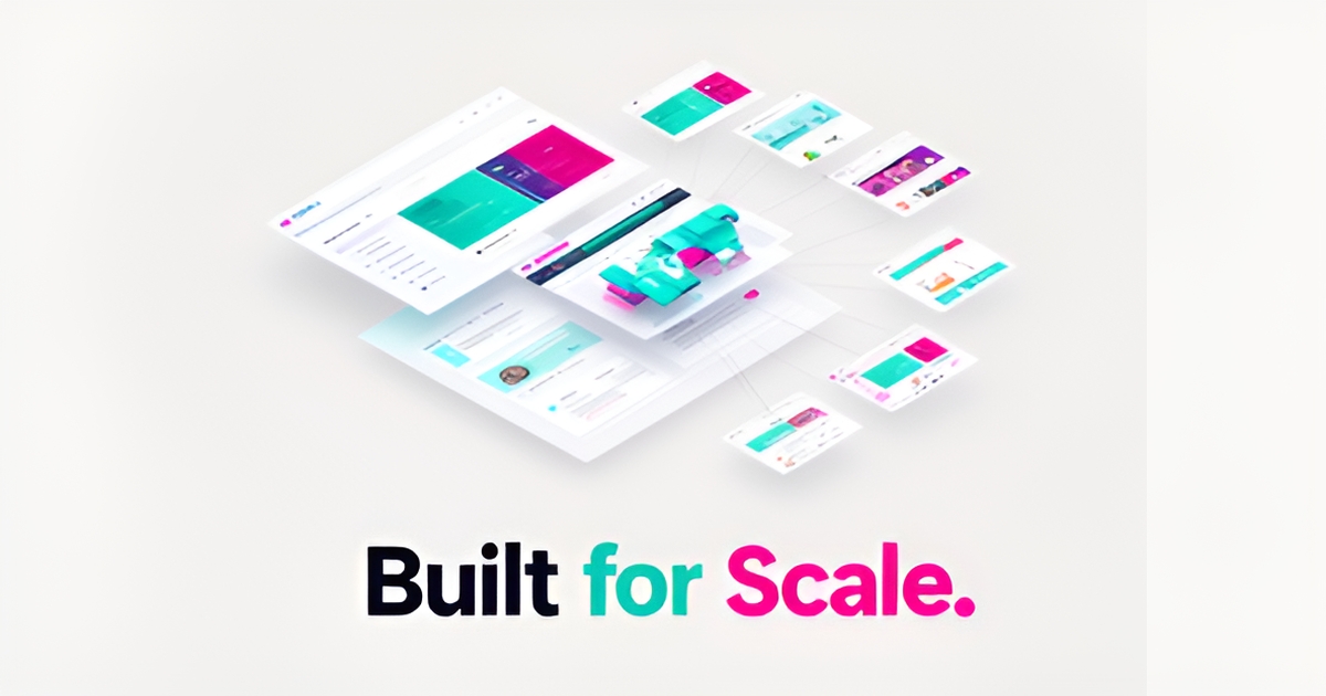 Flat illustration of layered website builder panels assembling multiple client sites with teal and magenta accents, headlined Built for Scale.