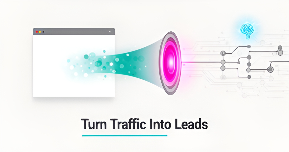 Flat illustration of a website funneling visitor dots into a conversion pipeline with teal and magenta accents, headlined Turn Traffic Into Leads.