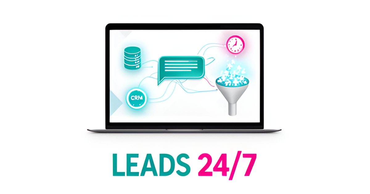 Flat illustration of a website with AI chatbot feeding leads into a CRM, with a Leads 24/7 headline.