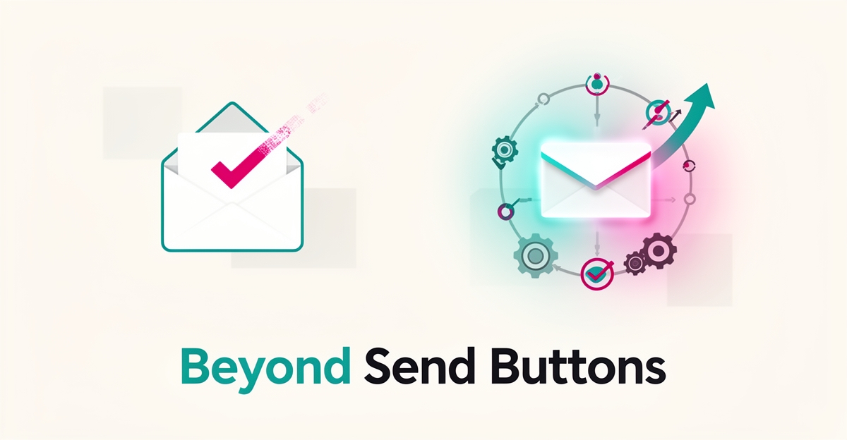 Flat illustration comparing basic email campaigns with an automated AI email workflow, accented in teal and magenta.