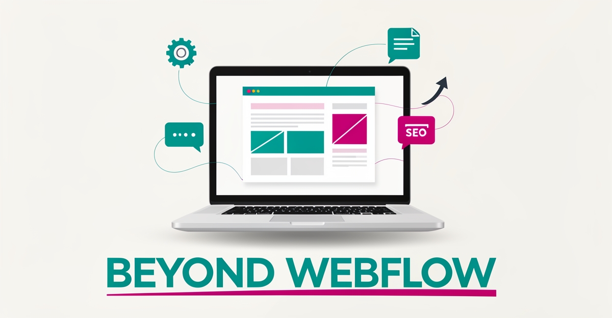 Flat illustration of a laptop with an AI-automated website wireframe, gears and SEO icons in teal and magenta, headlined Beyond Webflow.