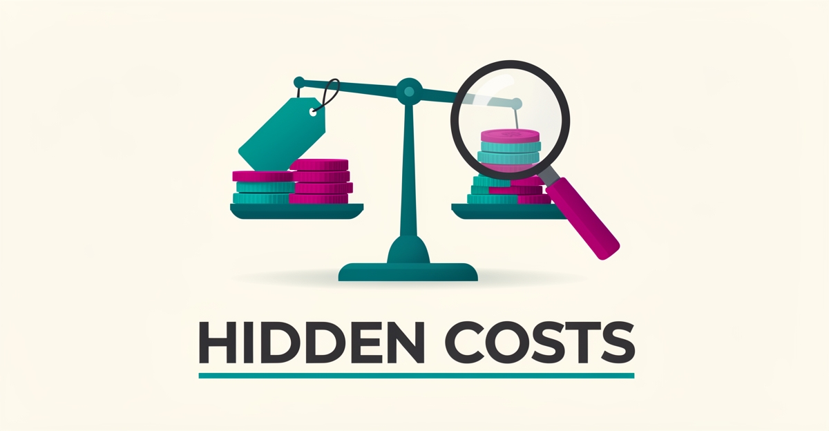 Flat illustration of a scale weighing price tags and coins, symbolizing hidden costs when comparing Wix and GoDaddy pricing.