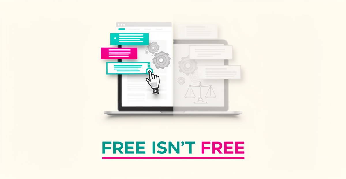 Flat illustration of a laptop assembling a website with teal and magenta accents, headline reading Free Isn't Free.