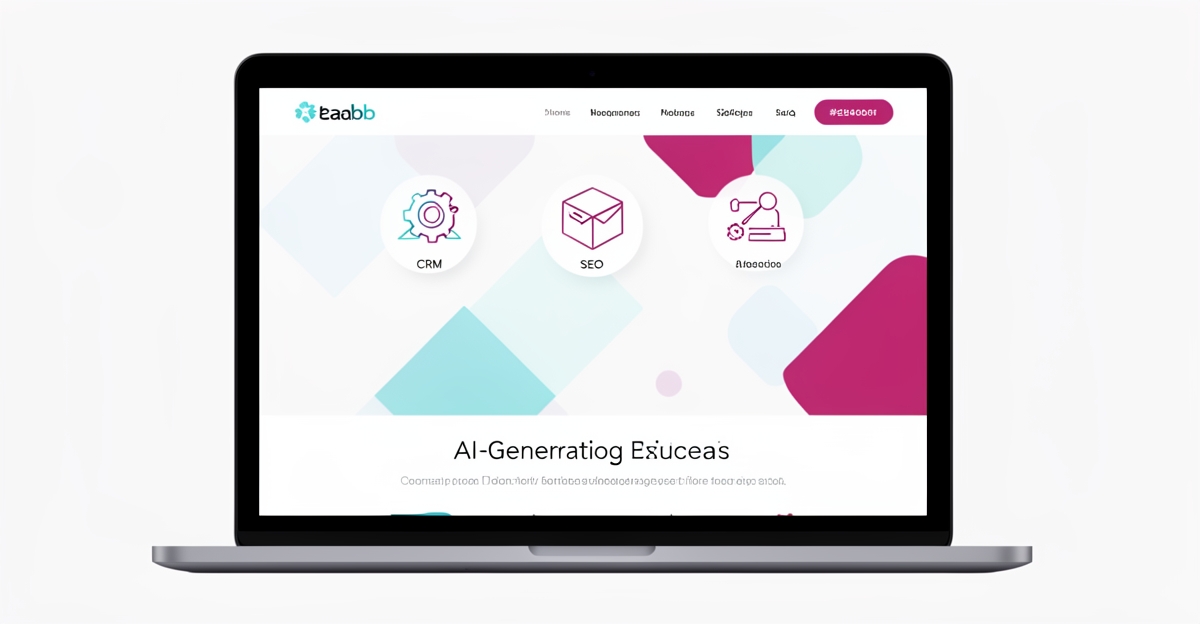 Modern flat illustration of a laptop with AI website interface and accent icons for CRM SEO automation in brand colors, suitable for business blog