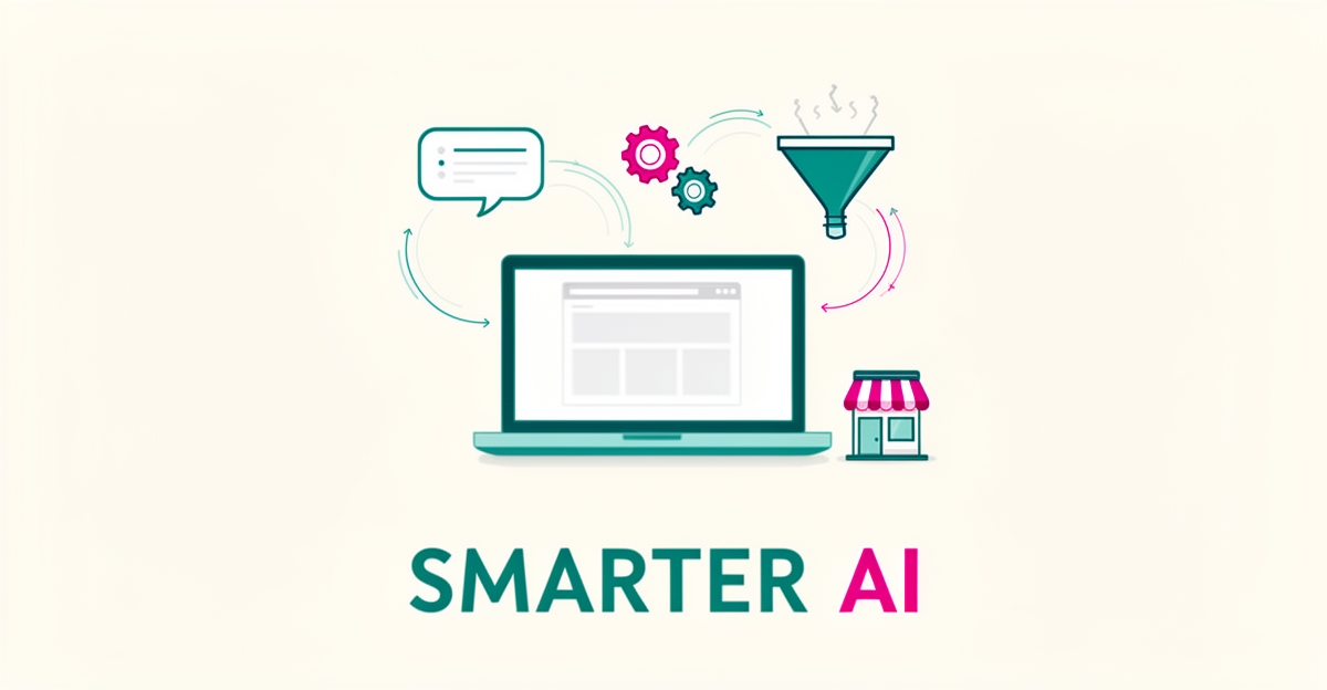 Flat illustration of a laptop with website, automation icons, and storefront in teal and magenta, headline reading SMARTER AI.