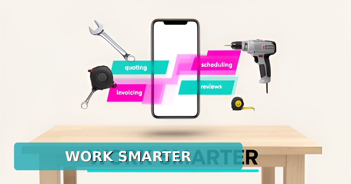 Flat illustration of a smartphone unifying trade tools and app cards for quoting, scheduling, and invoicing, headline reading Work Smarter.