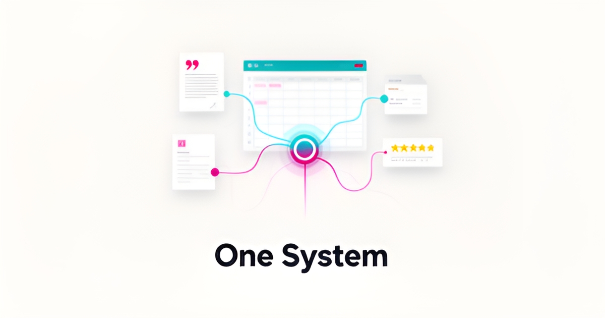 Minimalist flat illustration of a booking calendar connected to quotes, invoices, and reviews in one integrated system, with the headline 'One System'.