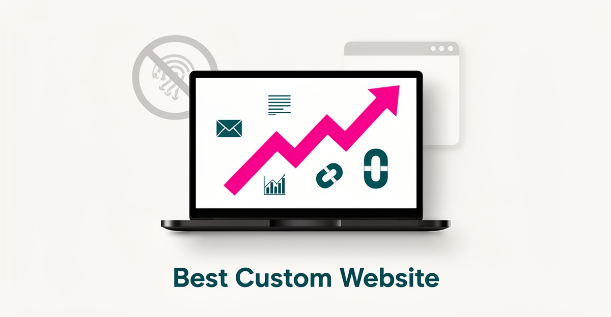 Flat illustration of a laptop showing a fast, modern website with growth arrows and lead icons in teal and magenta, headline reading Best Custom Website.
