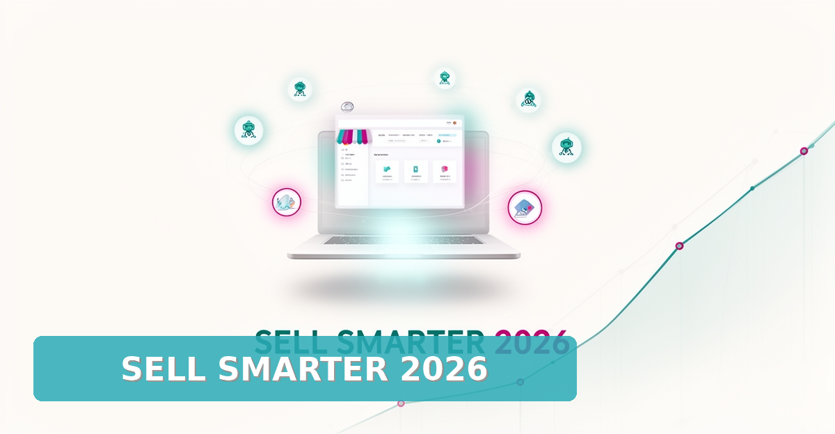 Flat illustration of an AI-powered eCommerce dashboard with automated workflows and SEO growth chart in teal and magenta, headlined Sell Smarter 2026.