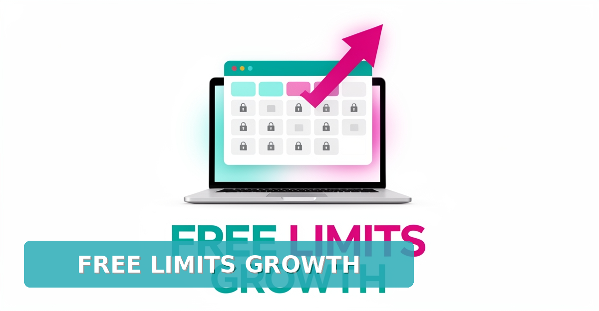 Flat illustration of a digital booking calendar with locked slots and a rising growth arrow in teal and magenta, headline reading Free Limits Growth.