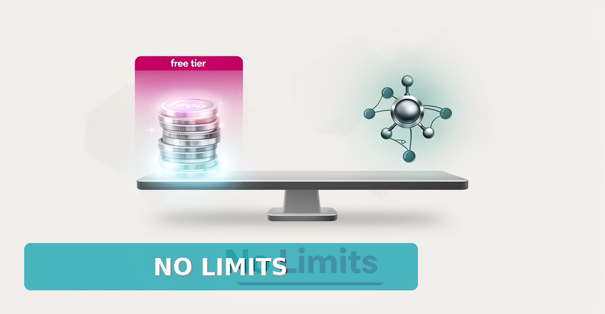 Flat illustration of a capped free-tier token stack outweighed by a reliable automated workflow hub, accented in teal and magenta.