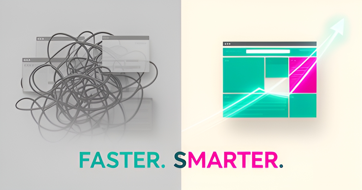 Flat illustration comparing a tangled DIY website setup with a streamlined AI-built dashboard in teal and magenta, headlined 'Faster. Smarter.'