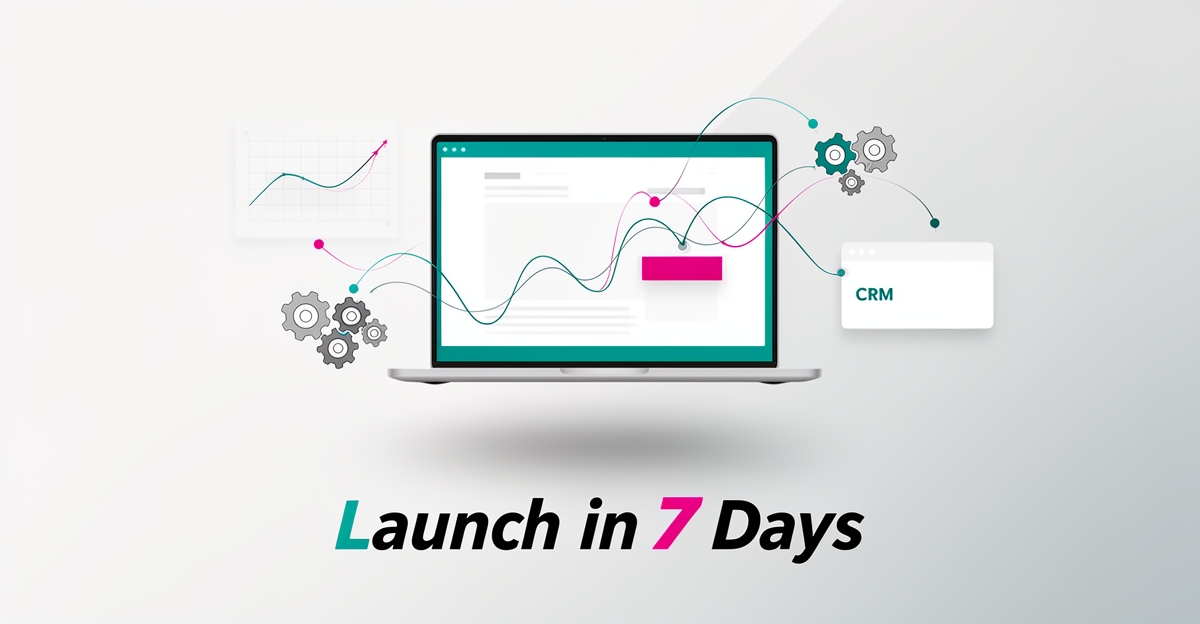Flat illustration of a website assembling on a laptop with automation and growth icons in teal and magenta, headline Launch in 7 Days.