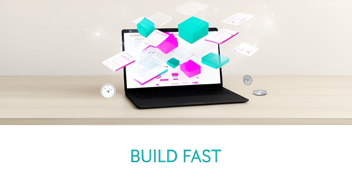 Flat illustration of a laptop assembling a website from floating geometric blocks with teal and magenta accents, headlined Build Fast.