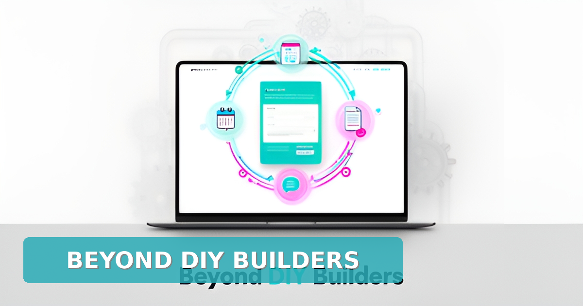 Flat illustration of a laptop showing a website with automated lead capture, quoting, and workflow icons in teal and magenta accents.