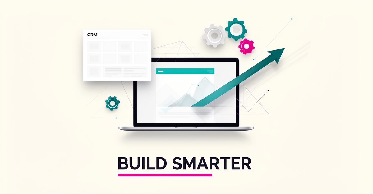 Flat illustration of a laptop assembling a business website with CRM, automation, and growth elements in teal and magenta accents.