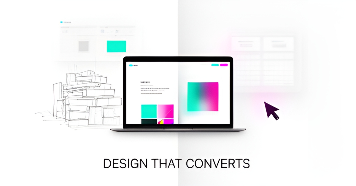 Flat illustration of a laptop showing a freelance design portfolio with floating UI elements in teal and magenta, headline reading Design That Converts.