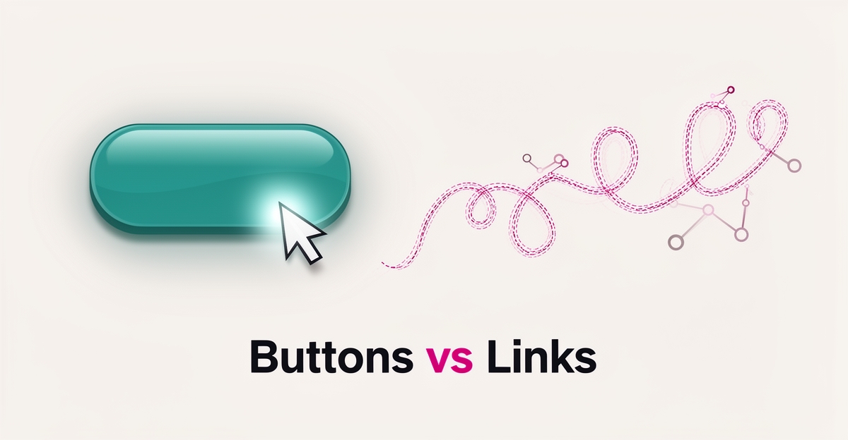 Flat illustration contrasting a bold teal CTA button with a magenta underlined hyperlink path, titled Buttons vs Links.