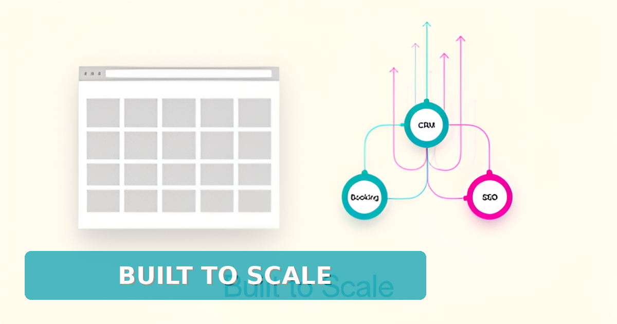 Flat illustration comparing a rigid template website grid with a scalable custom website layout, accented in teal and magenta, with the headline Built to Scale.