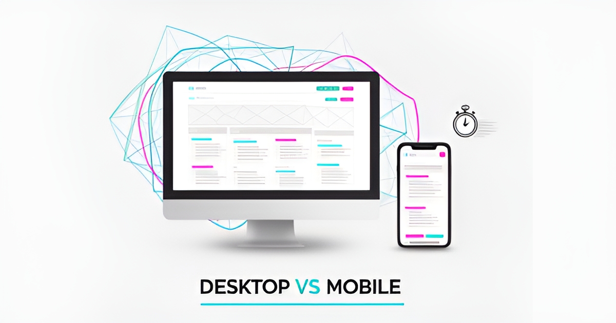 Flat illustration of a desktop monitor and smartphone showing matching responsive webpage layouts connected by teal and magenta design lines.