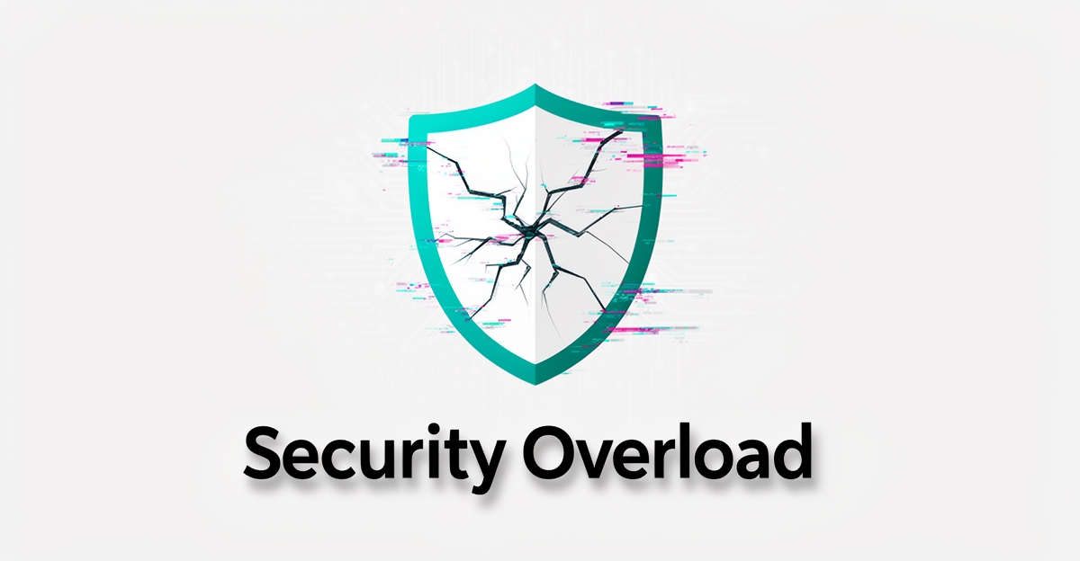 A cracked shield with digital glitch effects representing WordPress security vulnerabilities, using brand colors blue and magenta, with the headline 'Security Overload' in the lower third.