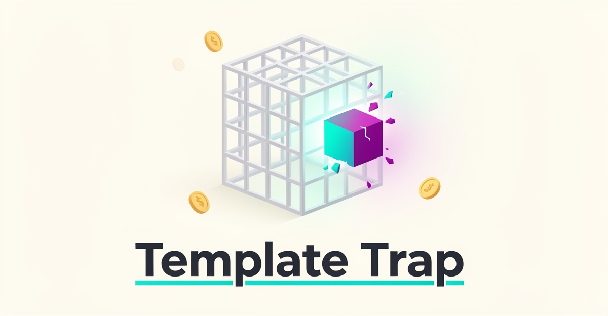 Flat illustration of a website trapped in a cage of identical template blocks with a glowing block breaking free, accented in teal and magenta.