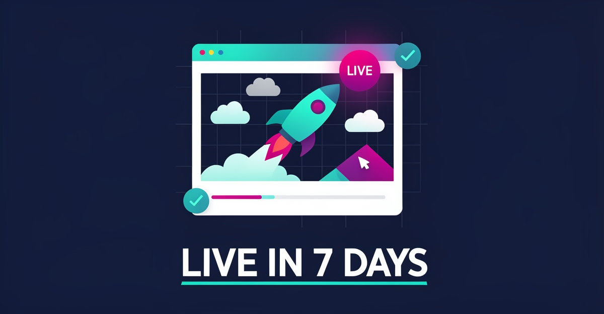 Flat illustration of a rocket launching from a website browser window, symbolizing fast, effortless website publishing in seven days.