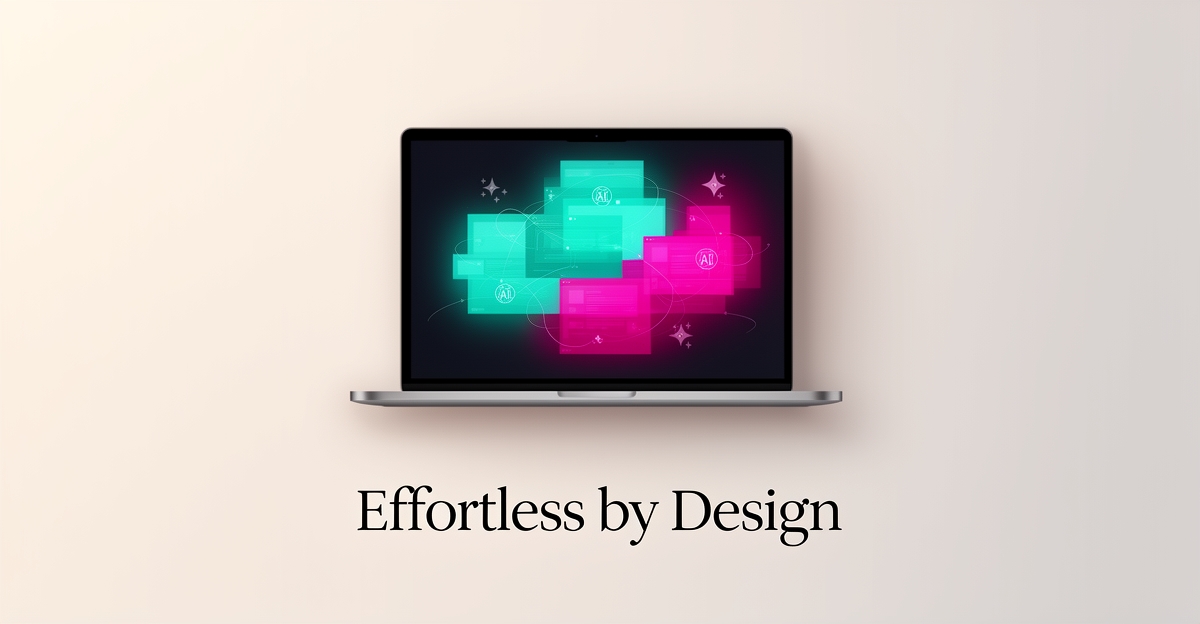 Flat illustration of a laptop with AI assembling a website automatically, accented in teal and magenta, with headline Effortless by Design.