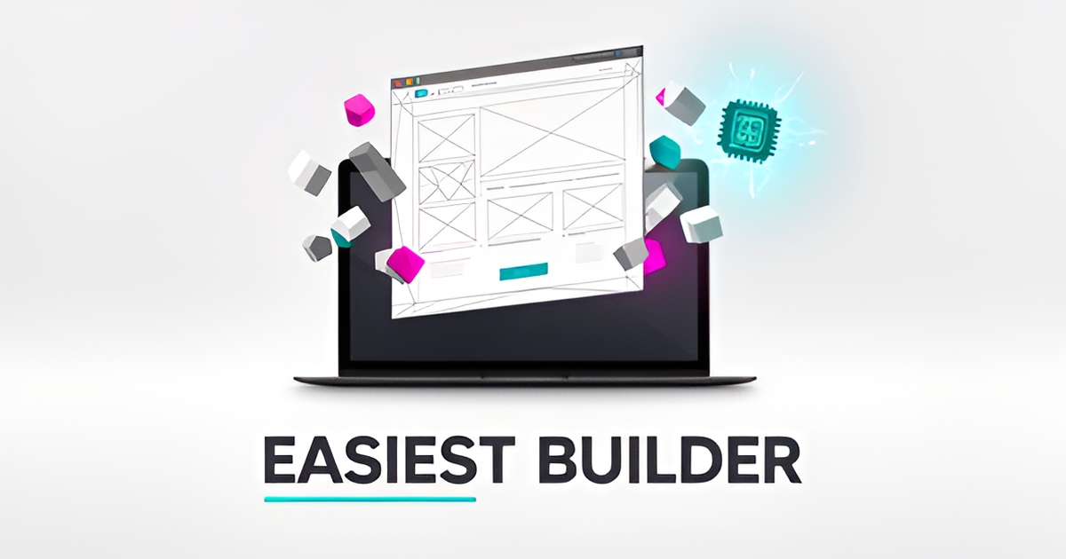 Flat illustration of a website assembling itself on a laptop with an AI icon, accented in teal and magenta, headlined Easiest Builder.