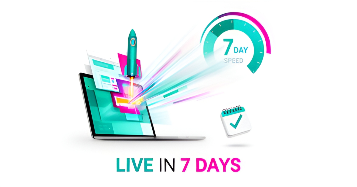Flat illustration of a website launching from a laptop with speed motifs, accented in teal and magenta, with headline Live in 7 Days.