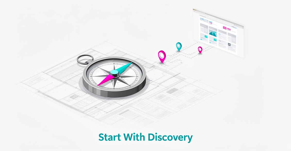 Flat illustration of a compass on a website wireframe blueprint symbolizing the discovery phase as the first step in website creation.