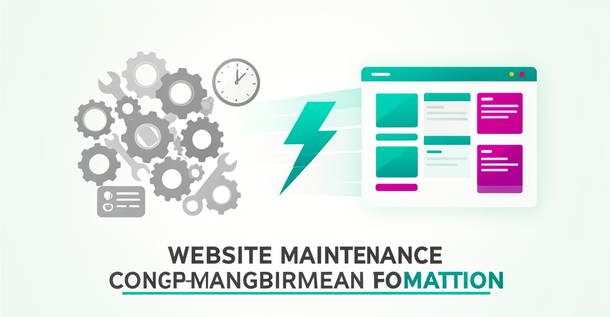 Flat illustration of website maintenance clutter transforming into an automated AI-powered site, accented in teal and magenta, with headline Beyond WordPress.