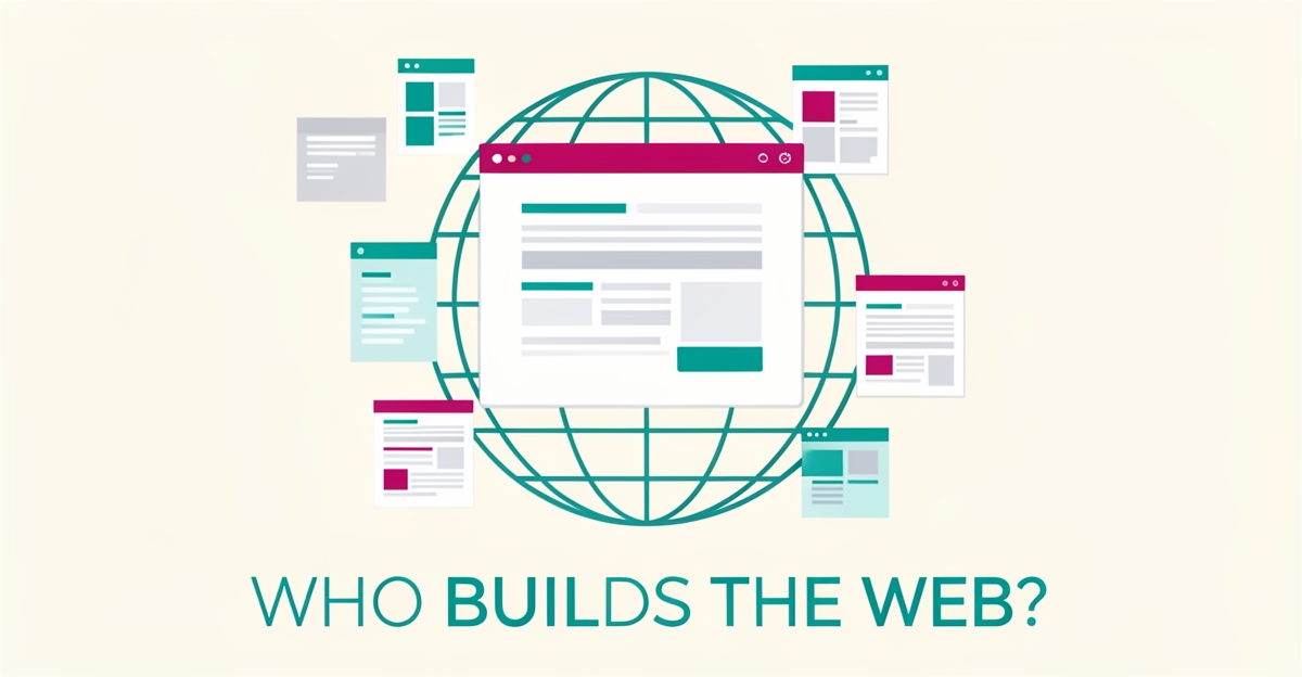 Flat illustration of a globe formed by website wireframes and browser windows in teal and magenta, symbolizing dominant website builders.