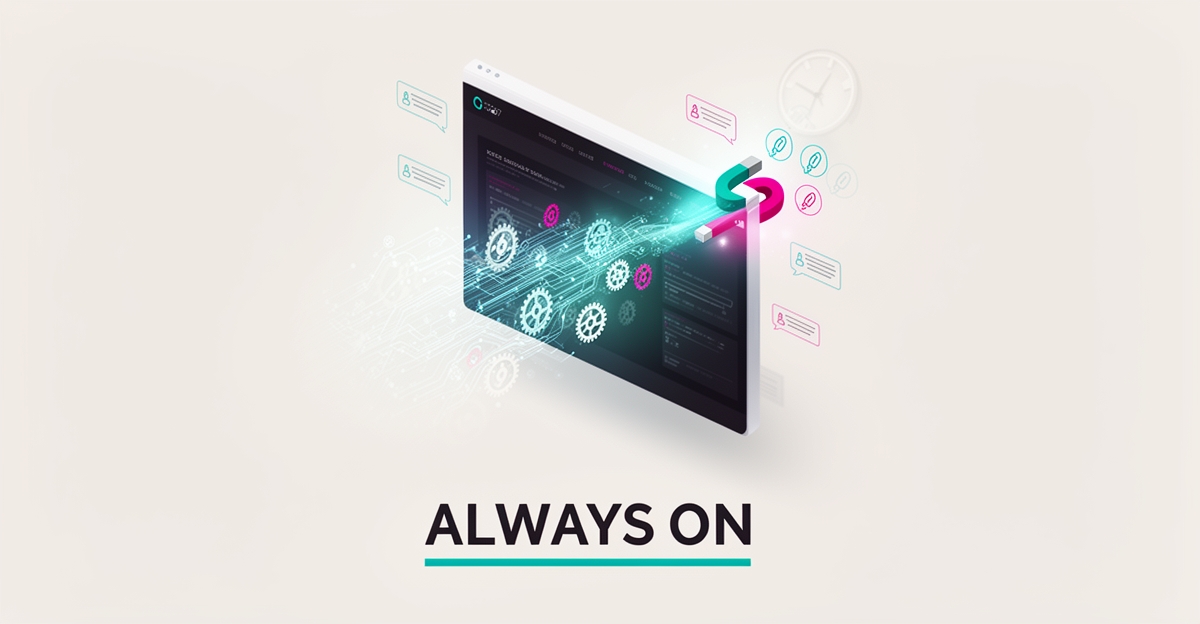 Flat illustration of a website transforming into an always-on AI-powered lead generation system with teal and magenta accents.