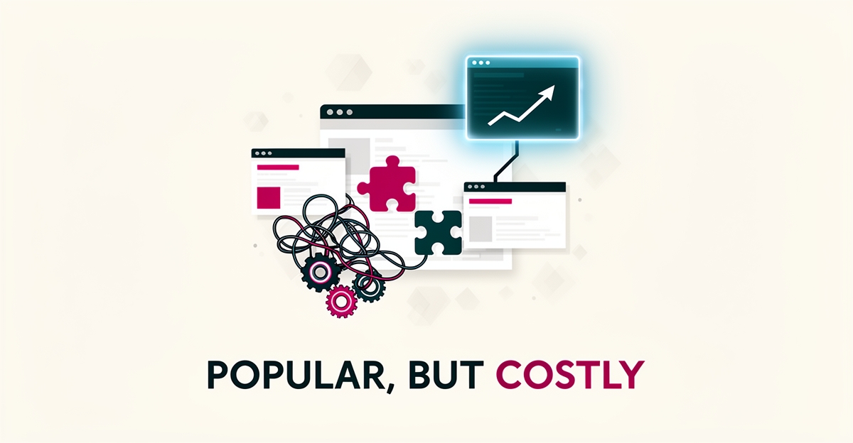 Flat illustration of tangled website builder tools versus one streamlined rising platform, accented in teal and magenta with headline Popular, But Costly.