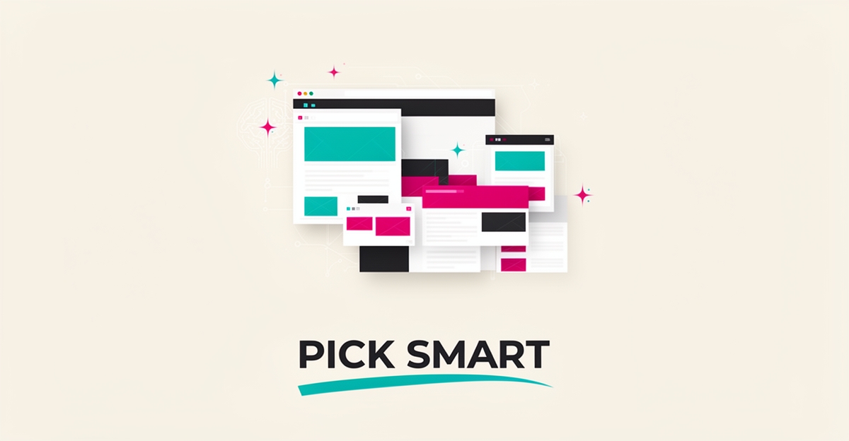 Flat illustration of modular website blocks assembling in an abstract AI builder interface with teal and magenta accents.