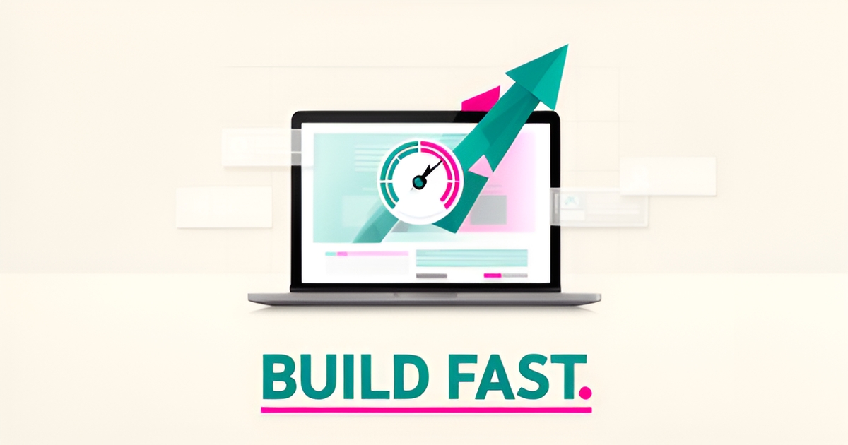 Flat illustration of a laptop displaying a website taking shape with a speedometer and rising arrow, accented in teal and magenta, headline reading Build Fast.