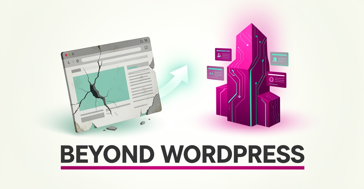 Flat illustration of an aging website structure giving way to a rising AI-powered platform, symbolizing the shift beyond WordPress.