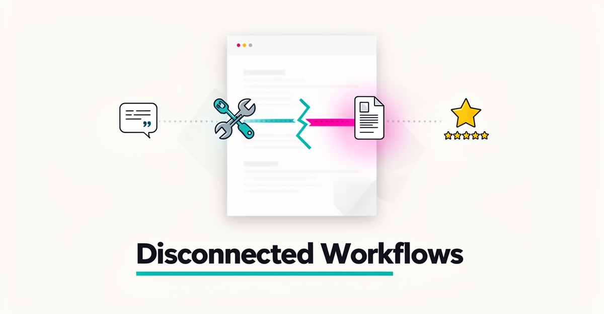 Flat illustration of a static website brochure with disconnected quote, job, invoice, and review icons linked by a broken teal line.