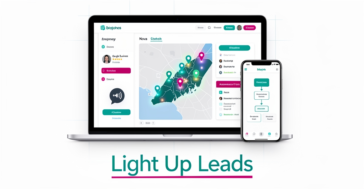 Flat illustration of a website platform dashboard for Nova Scotia landscape lighting contractors showing GBP integration, AI chat, and automated follow-up features with teal and magenta brand accents.