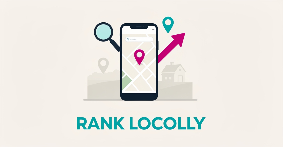 Flat illustration of a smartphone with a local map search and location pins, accented in teal and magenta, with the headline Rank Locally.