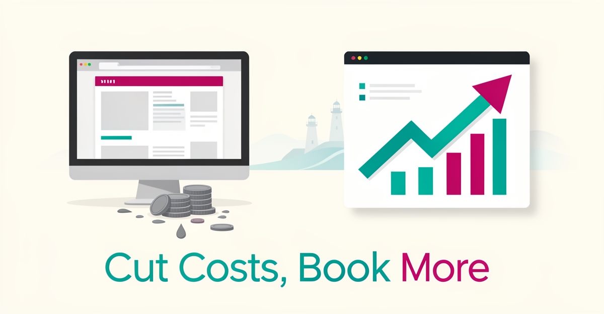 Flat illustration comparing an outdated costly website with a modern AI-driven site boosting bookings, accented in teal and magenta.