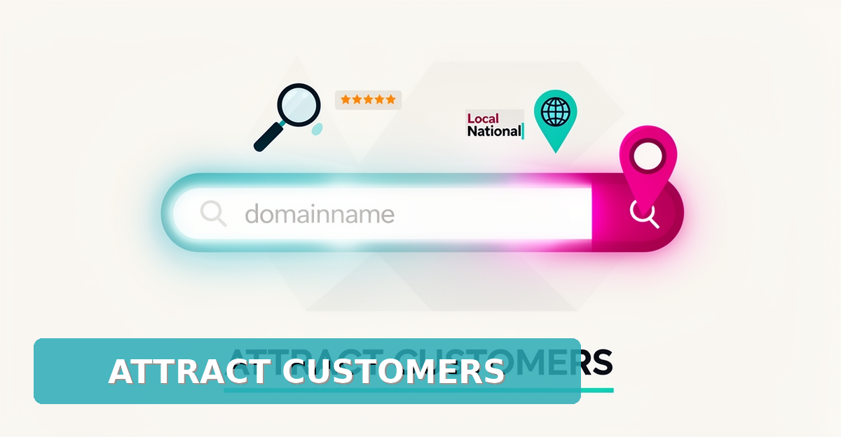 Flat illustration of a browser address bar with a glowing domain name, globe, location pin, and star rating in teal and magenta accents.