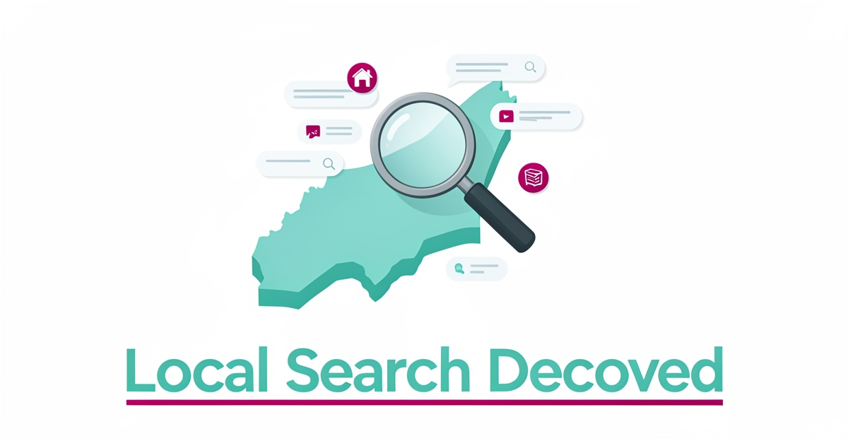 Flat illustration of a magnifying glass over a stylized Nova Scotia map with search elements, symbolizing local search behavior for au pair services.