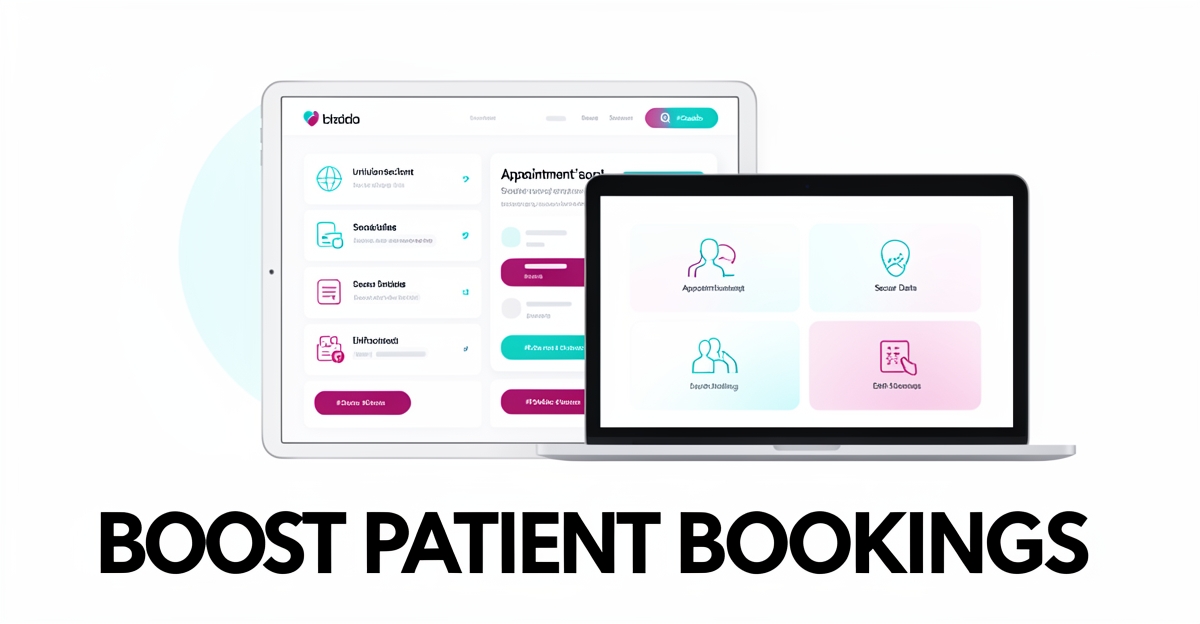 A modern flat illustration of a medical website interface on digital devices, highlighting appointment scheduling, security, and EHR integration with brand color accents, designed for an OB-GYN practice growth article.