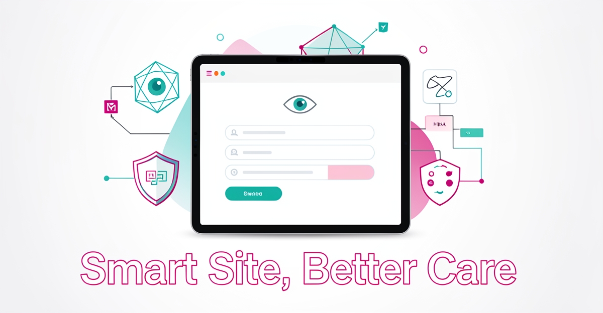 Modern flat illustration of a digital ophthalmology clinic interface with appointment booking, AI automation, and HIPAA security elements, featuring brand teal and magenta accents and the headline 'Smart Site, Better Care' in the lower third.